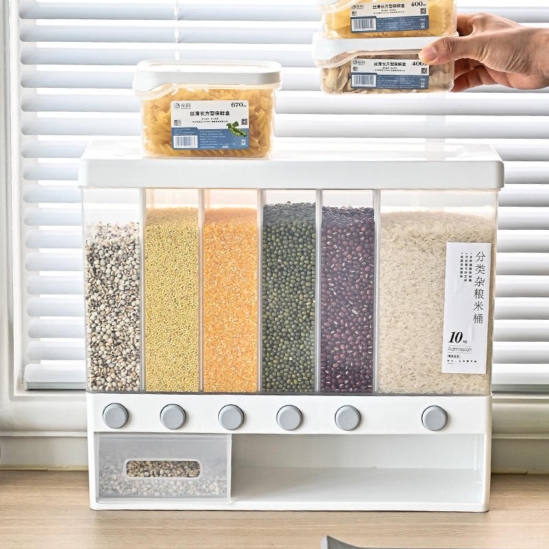 6-Grid Plastic Rice Dispenser and Food Storage Box Dry Grain Dispenser with Dried Fruit Storage Food Dru