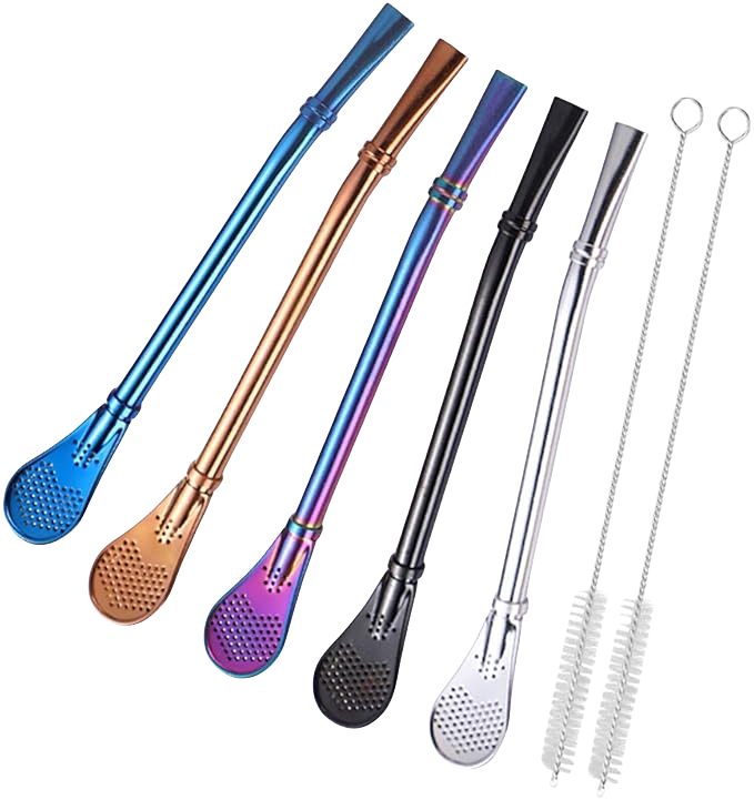 Set of 1 Stainless Steel Straw Leaf Tea Infuser Drinking Spoons with 1 Cleaning Brush Promotional Loose Leaf Tea Stirring Straws