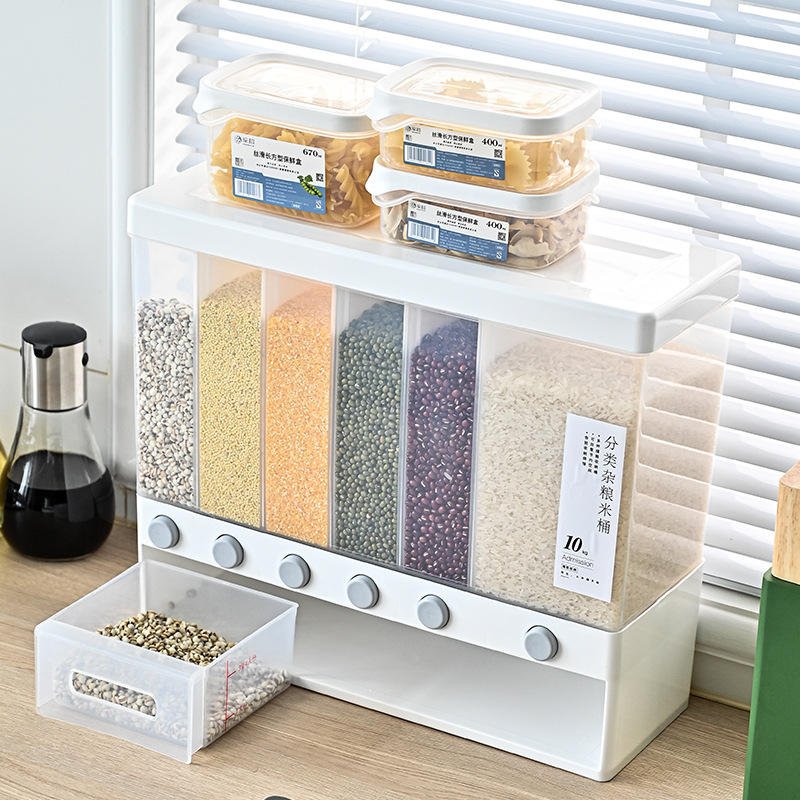 6-Grid Plastic Rice Dispenser and Food Storage Box Dry Grain Dispenser with Dried Fruit Storage Food Dru - Image 3