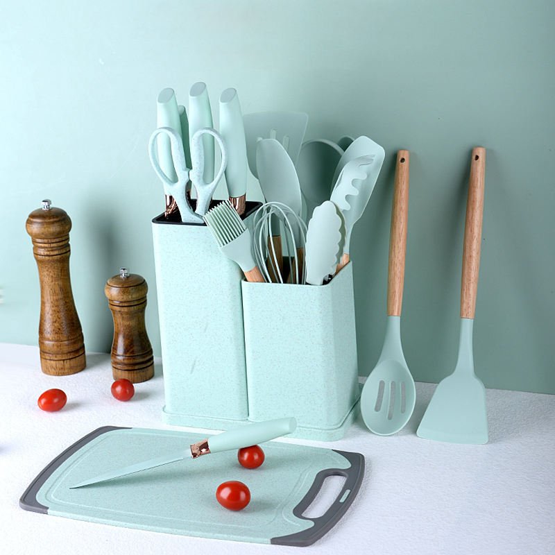 19-Piece Stainless Steel and Wood Handle Silicone Kitchen Cooking Utensil Set for Home and Professional Use Metal Utensils - Image 3