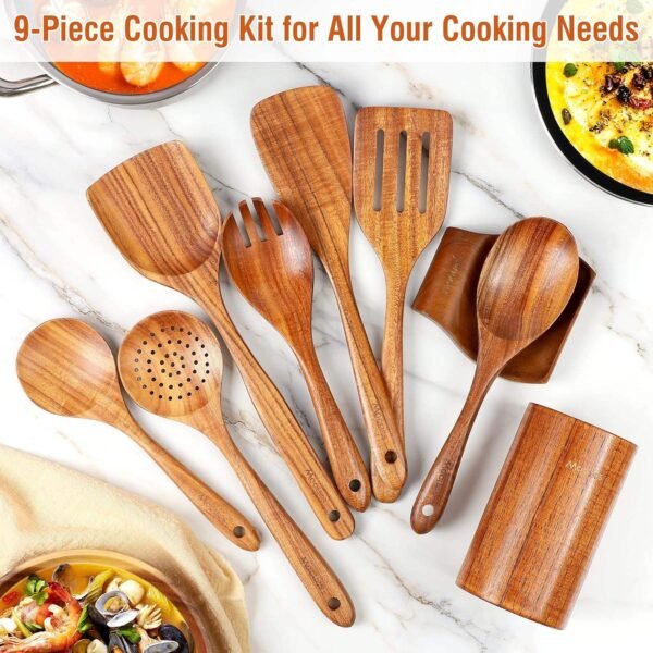 Natural Teak Wooden Kitchen Utensil Set with Spoon Rest - Comfort Grip Cooking Spoons and Utensils Holde