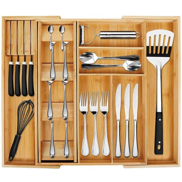 Expandable Cutlery Organizer with Knife Block, Bamboo Silverware Drawer Organizer for Kitchen Drawe