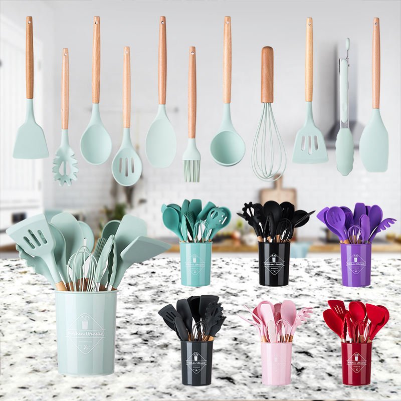 12 Pcs Kitchen Cooking Utensils Set,446°F Heat Resistant Non-Stick Silicone Kitchen Utensil Set With Wooden Handles - Image 4