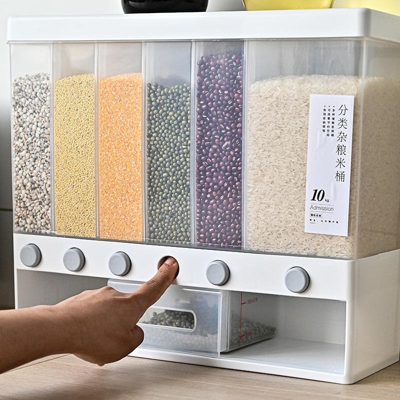 6-Grid Plastic Rice Dispenser and Food Storage Box Dry Grain Dispenser with Dried Fruit Storage Food Dru - Image 2
